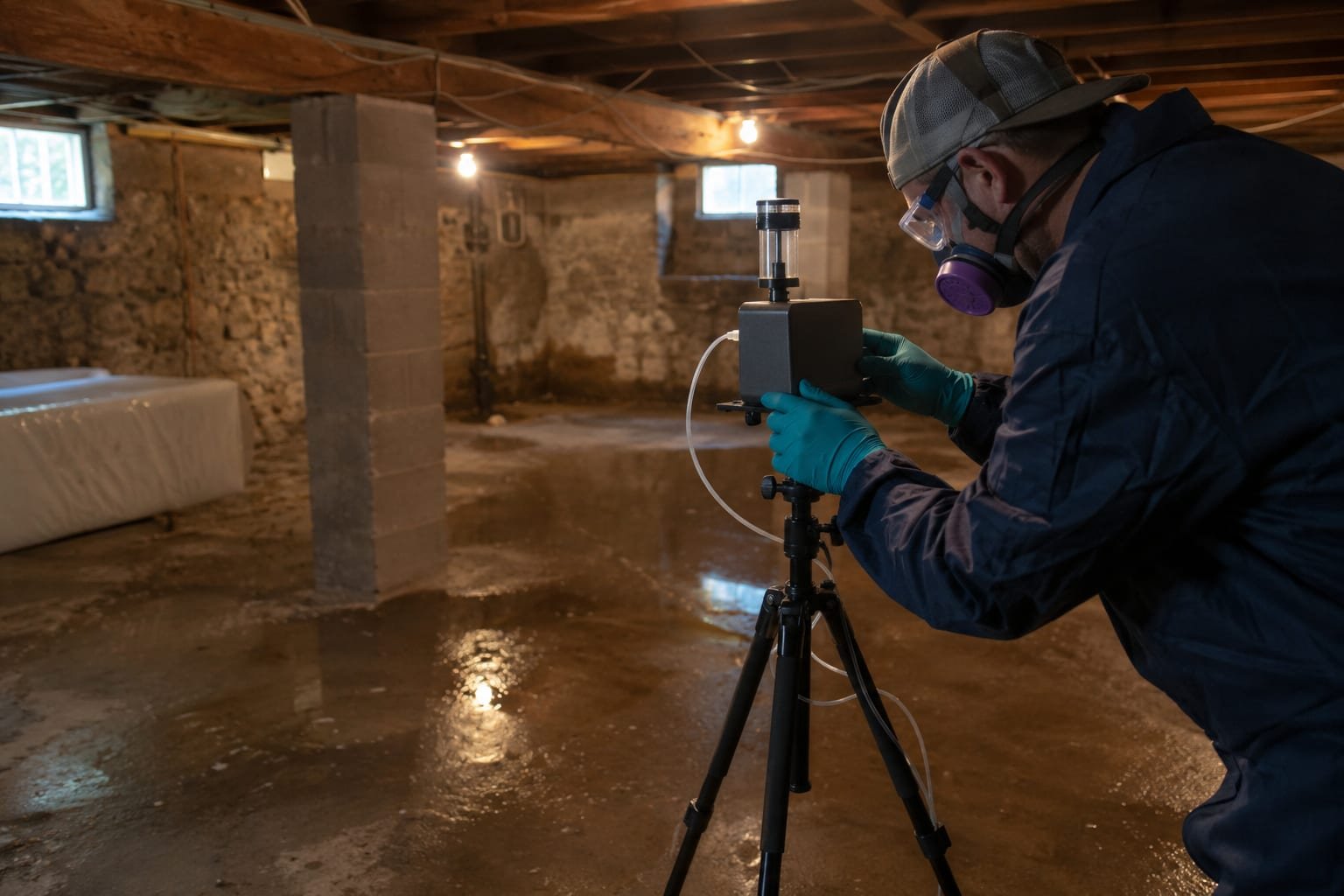 Technician collecting an indoor air quality sample with a spore trap pump during mold testing in Rochester, NY