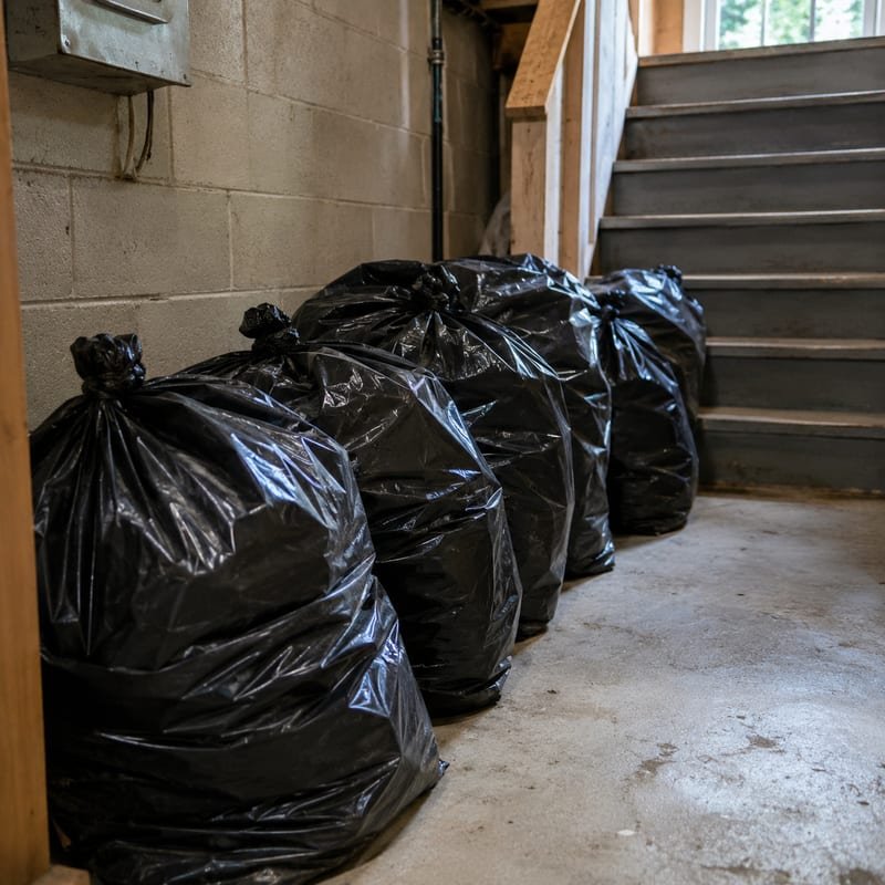 Contaminated porous material bagged for disposal after a sewage backup in Rochester, NY