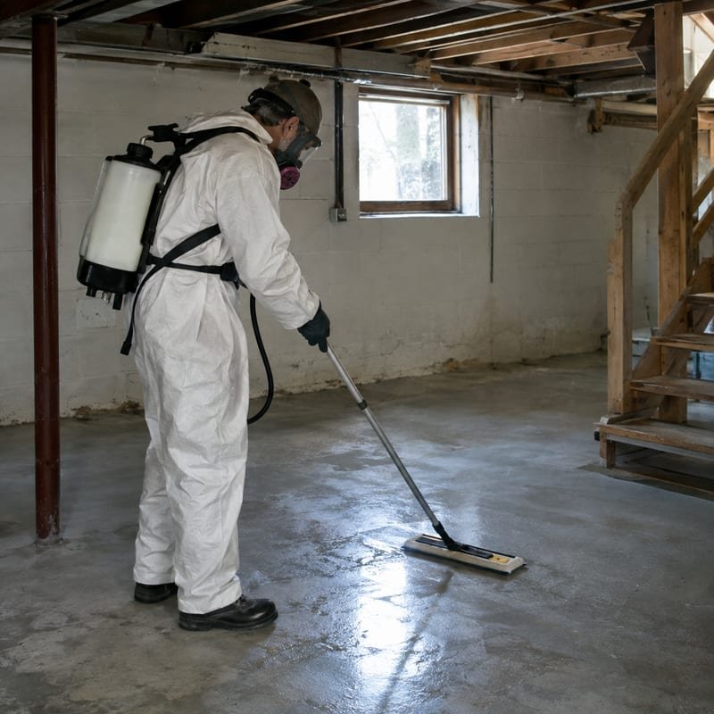 Technician disinfecting a hard floor surface during sewage cleanup in Rochester, NY