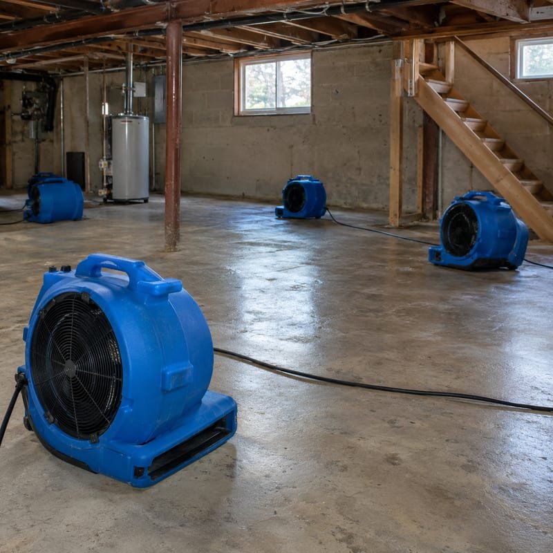 Air movers drying a basement after sewage extraction and disinfection in Rochester, NY