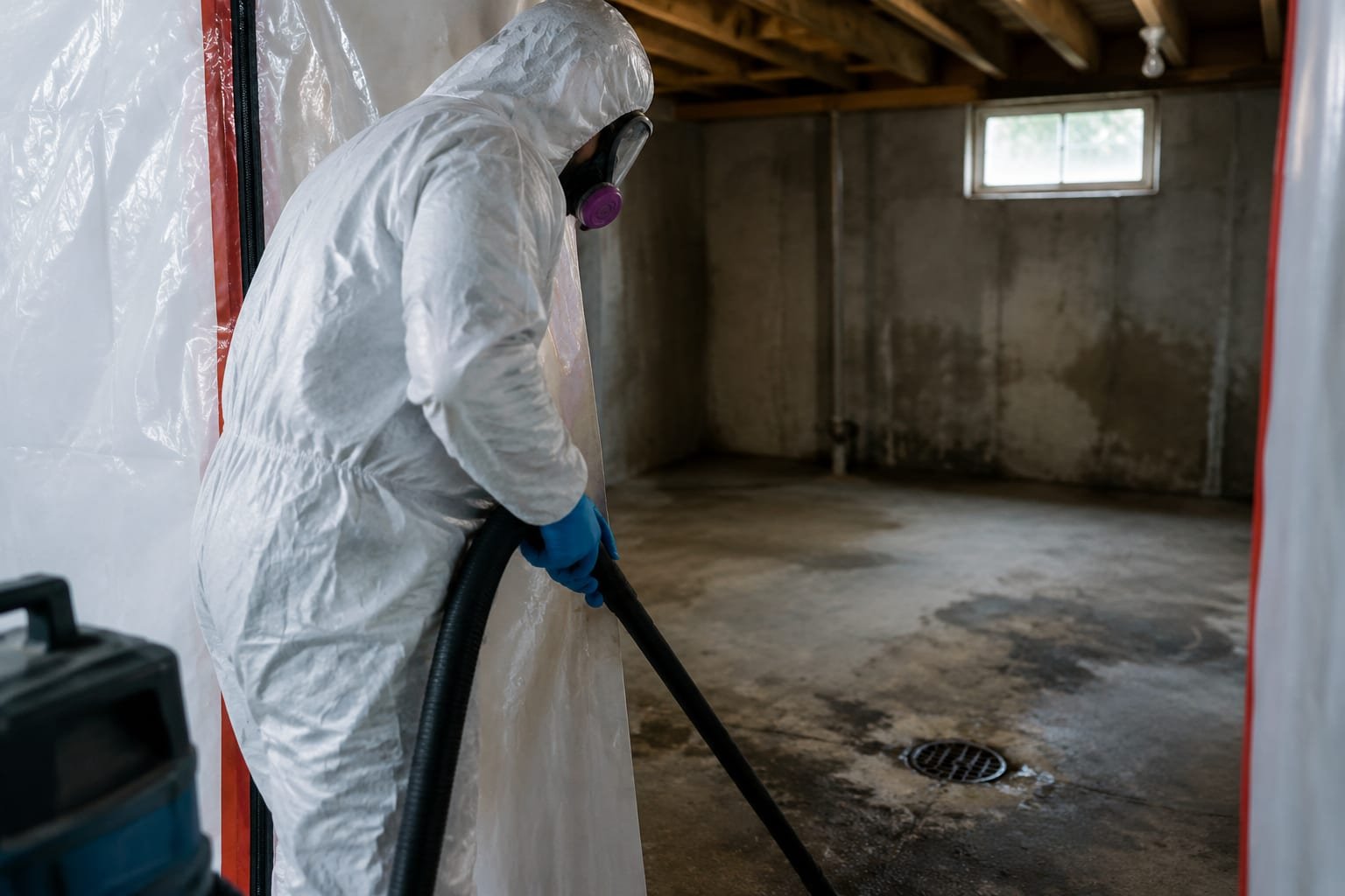 Technician in protective equipment cleaning up a sewage backup in a Rochester, NY basement