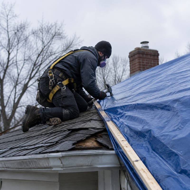 Technician tarping a storm-damaged roof to stop water intrusion on a Rochester, NY home