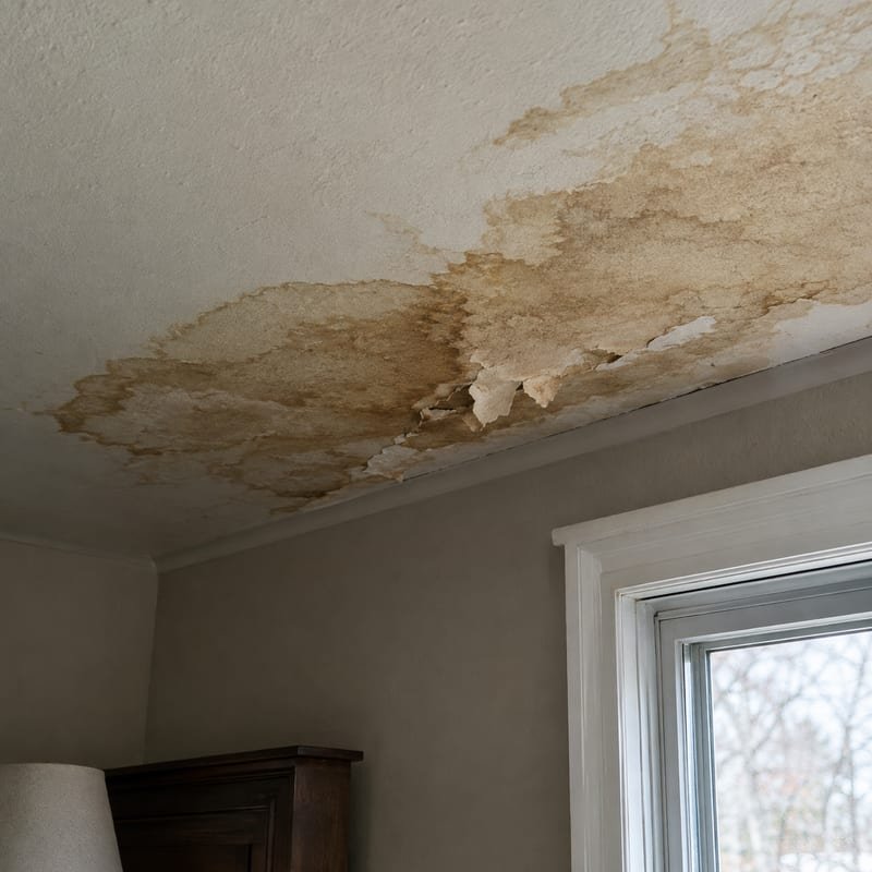 Water-stained ceiling below an ice dam being assessed in a Rochester, NY house