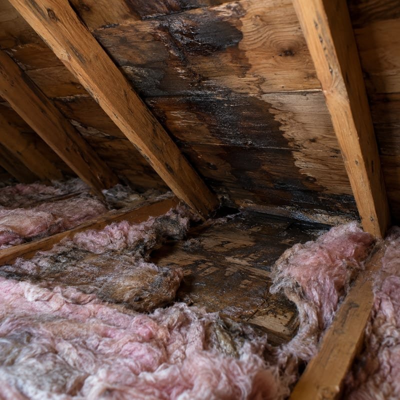 Saturated attic insulation removed after a storm-driven roof leak in Rochester, NY