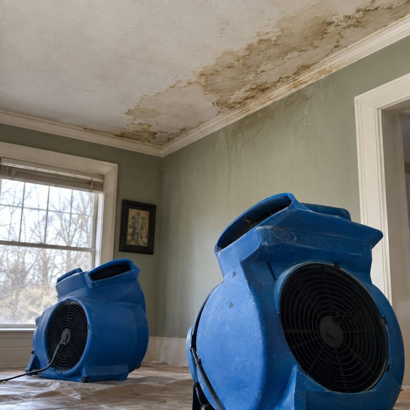 Air movers drying a storm-damaged ceiling and wall in a Rochester, NY home