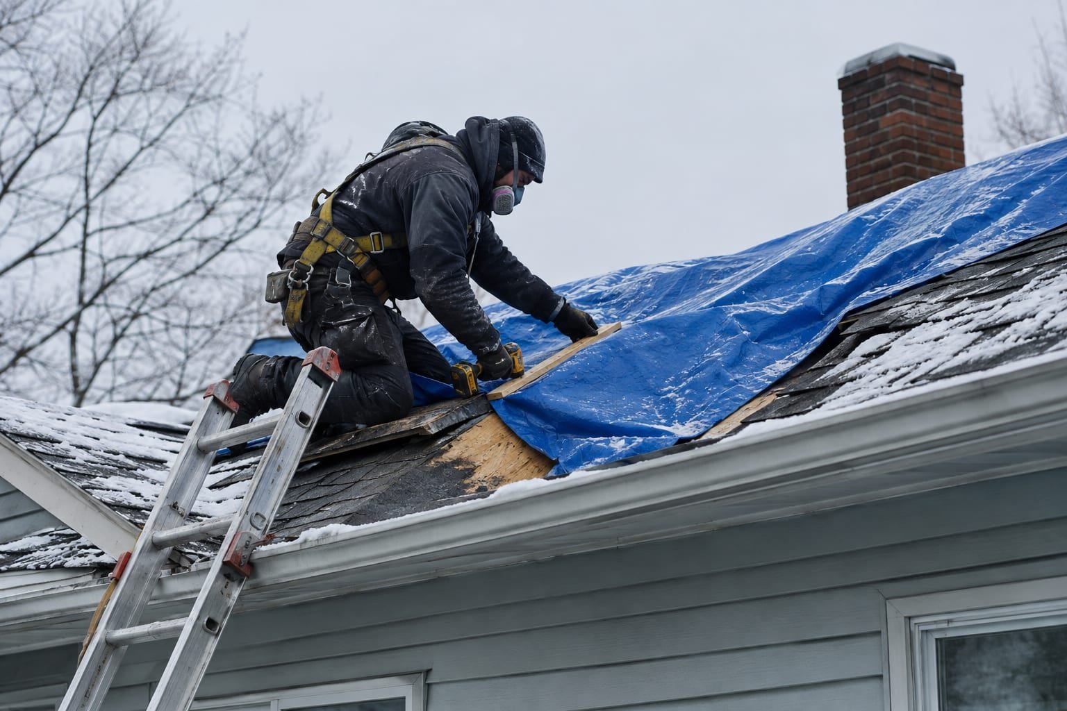 Worker tarping a storm-damaged roof to stop water intrusion on a Rochester, NY home