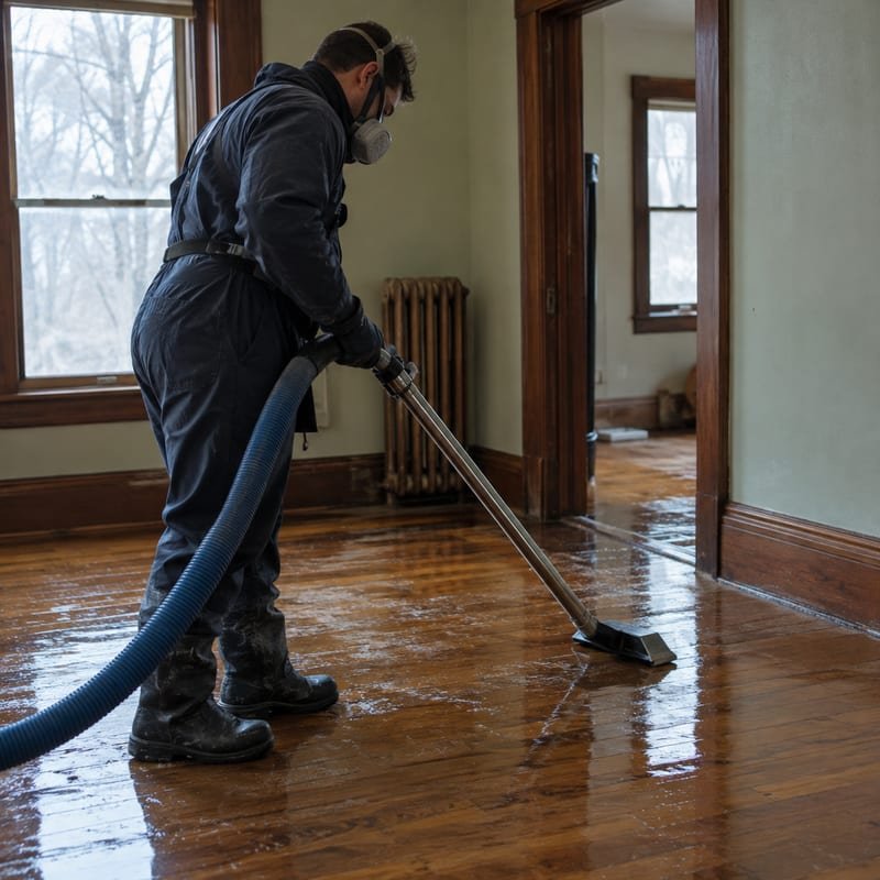 Technician running a water extraction wand across a flooded hardwood floor in a Rochester, NY home