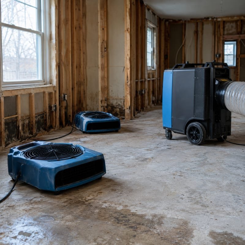 Air movers and a commercial dehumidifier set up to dry a water-damaged room in Rochester, NY