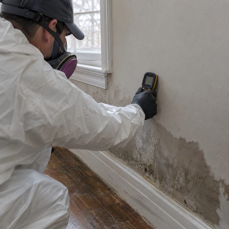 Technician taking a moisture-meter reading on a wet drywall wall during water damage restoration in Rochester, NY