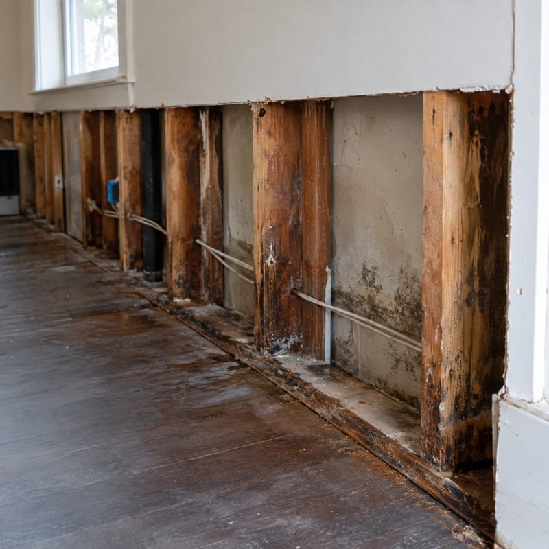 Water-damaged baseboard and drywall removed to expose wet wall framing for drying in a Rochester, NY house