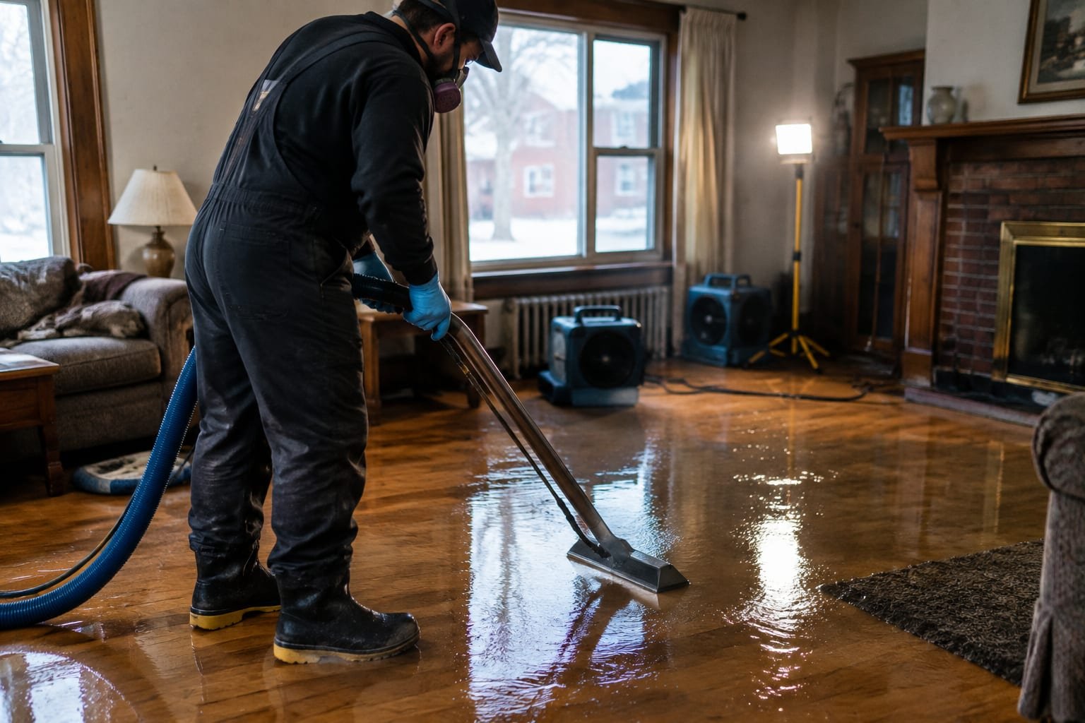 Technician extracting water and running drying equipment during water damage restoration in a Rochester, NY home